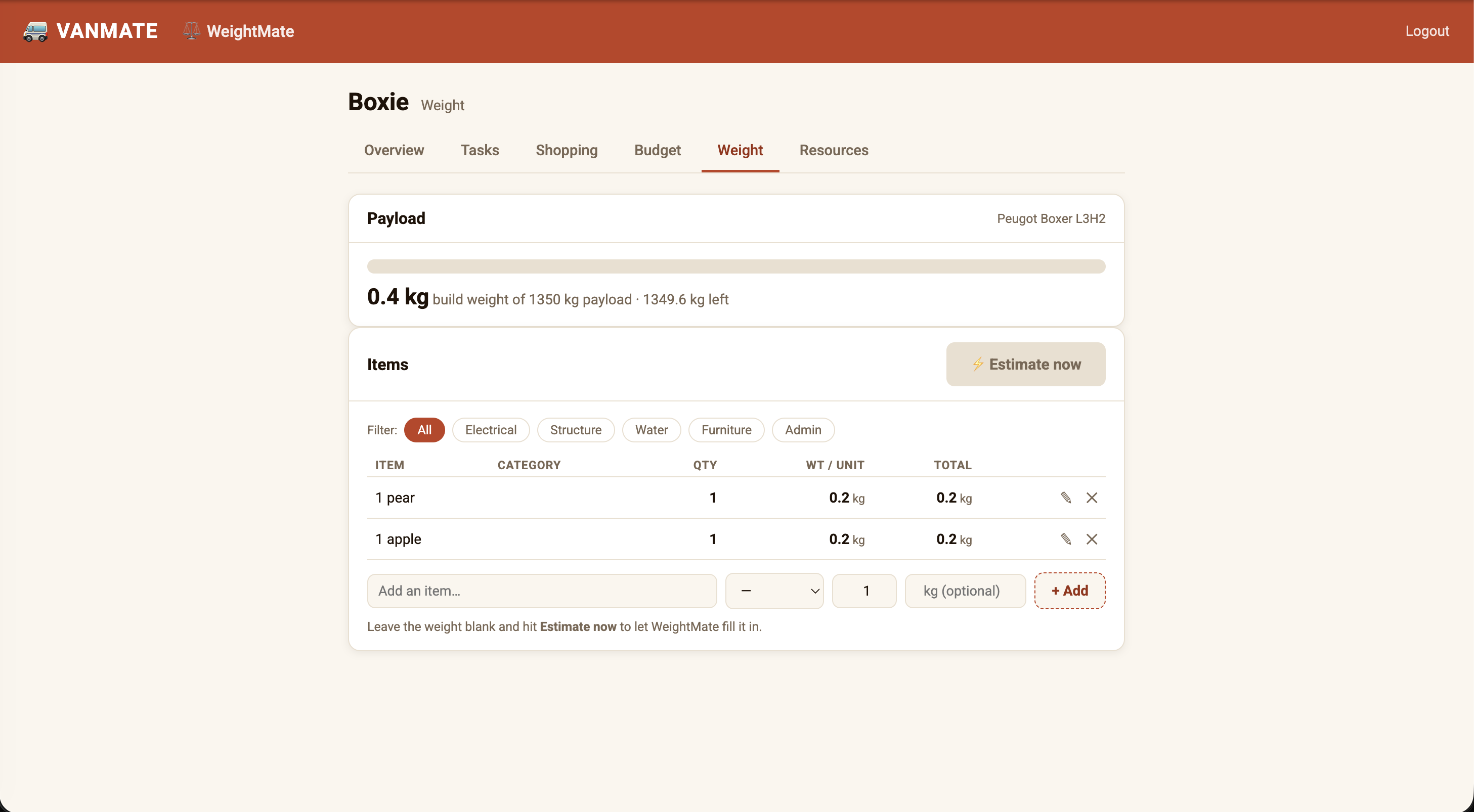 VanMate Build Manager app — Weight tab with live payload tracking