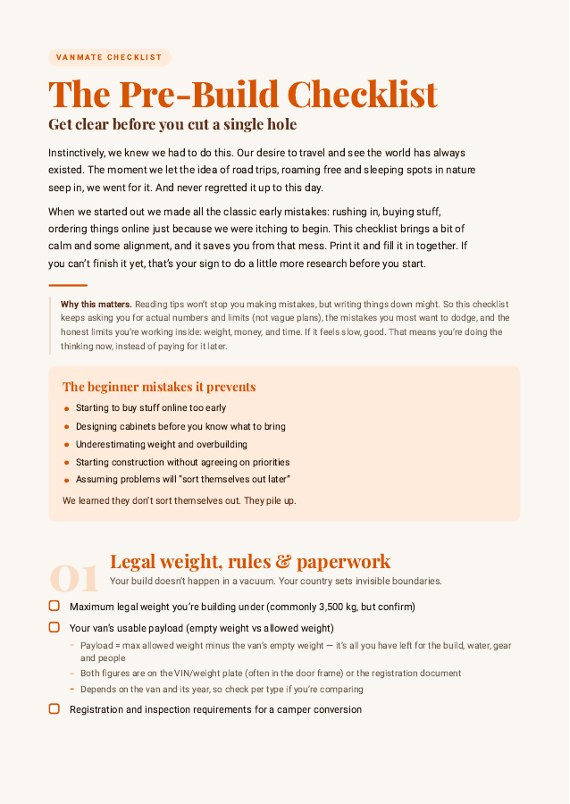 Actual first page of the VanMate Pre-Build Checklist, showing questions to answer before starting